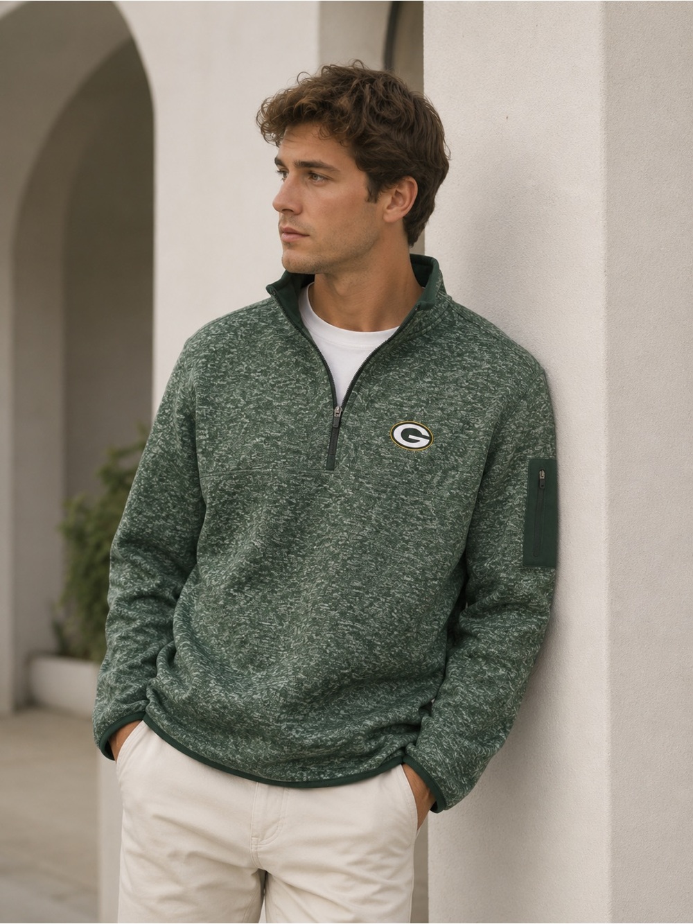 Men’s Green Bay Packers Heathered Green Quarter-Zip Pullover Sweater XL